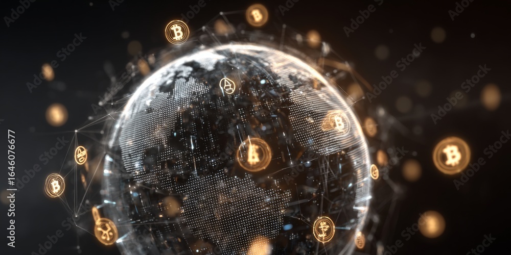 Poster global network of cryptocurrency with bitcoin and altcoin symbols representing digital currency and 