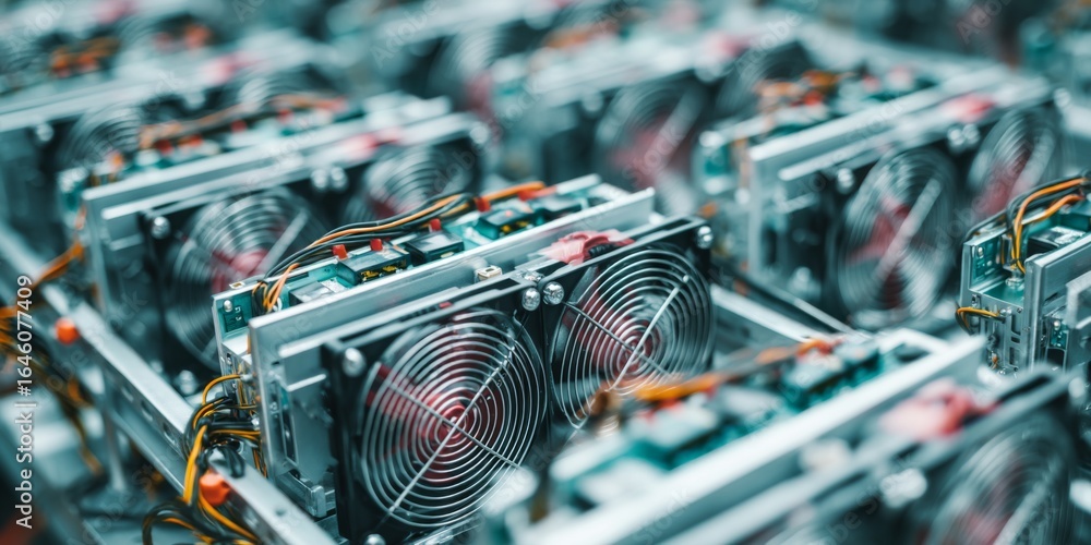 Poster advanced cryptocurrency mining equipment with numerous cooling fans operating efficiently in a high-