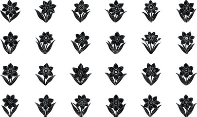 Black Silhouette Floral Vector Icons Set – Decorative Botanical Flowers and Plants for Graphic Design, Patterns, and Digital Art