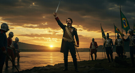 Cena &eacute;pica de Dom Pedro I &agrave;s margens do rio Ipiranga, erguendo a espada com energia e gritando &ldquo;Independ&ecirc;ncia ou Morte&rdquo;, rodeado por cavaleiros e bandeiras tremulando sob um c&eacute;u dram&aacute;tico