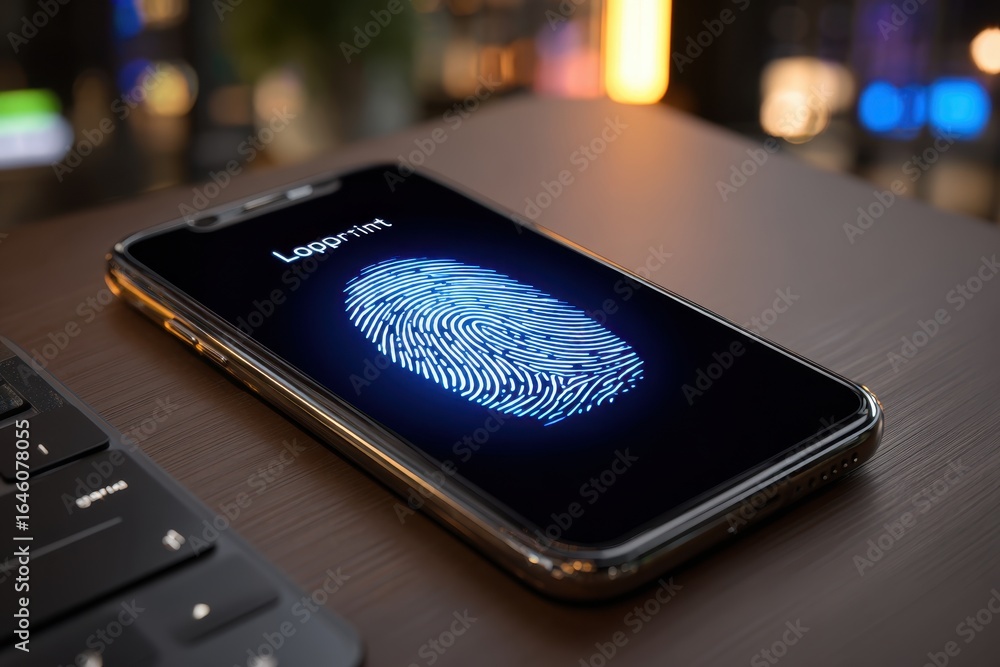Poster smartphone displaying a glowing blue fingerprint on its screen, symbolizing secure access and biomet