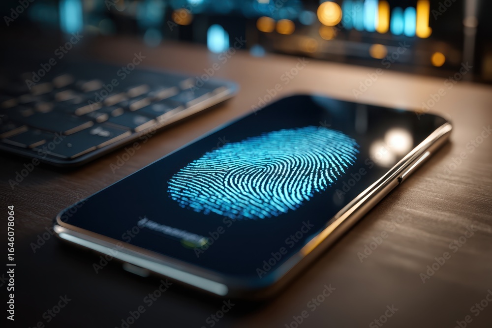 Poster close-up of a smartphone displaying a fingerprint scanner on its screen, ensuring secure access and 