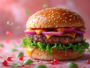 Juicy gourmet burger with fresh lettuce, melted cheese, and red onions