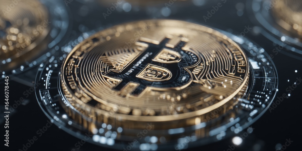 Poster close-up view of golden bitcoin coin on digital circuit background with glowing lights representing 