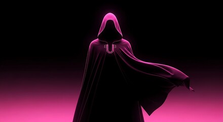Mysterious cloaked figure with glowing emblem in dark pink gradient background