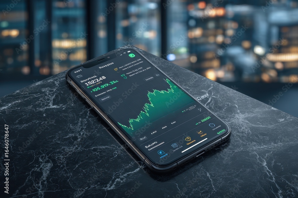 Poster close-up of a modern smartphone displaying a stock market app with an ascending graph, placed on a d