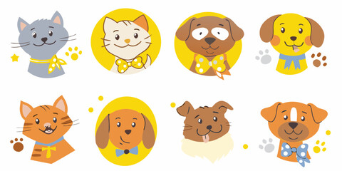 Collection of cute cartoon cats and dogs with accessories