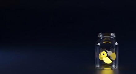 A single cute cartoon firefly shines its light from inside a clear glass jar. Minimalist 3D render with a dark background and ample copy space for text or design elements.