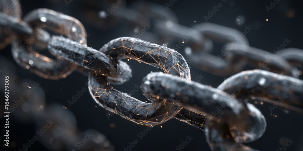 Poster abstract close-up of a metallic chain link with digital connections and sparkles representing streng