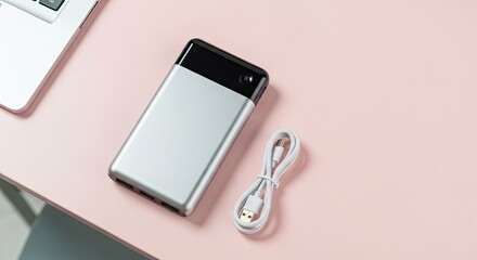 Silver portable power bank with usb cable on pink desk