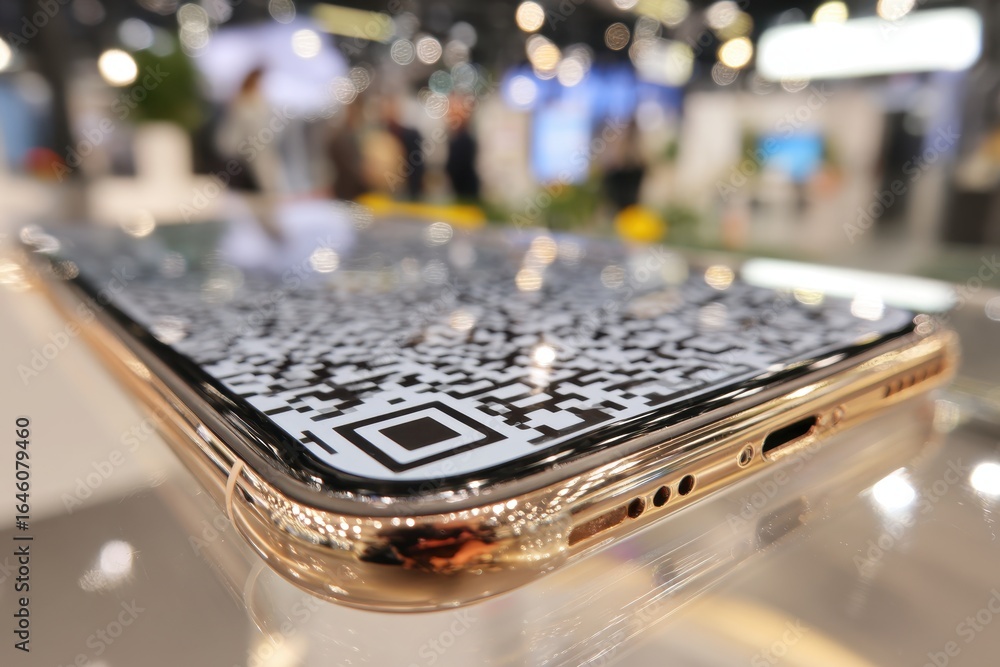 Poster close up of a smartphone displaying a qr code on its screen, ideal for showcasing mobile technology 