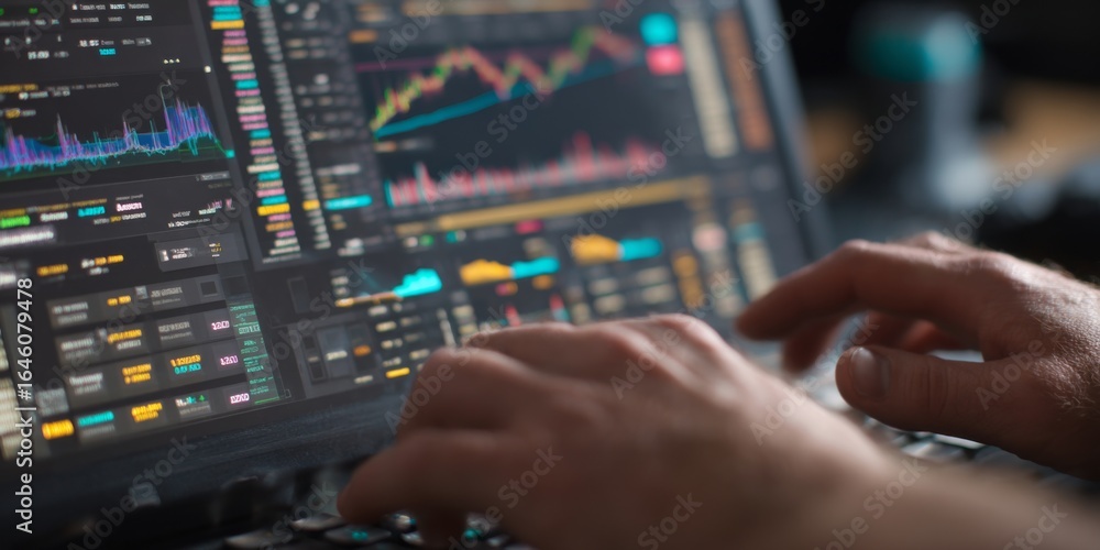 Poster hands typing on laptop keyboard analyzing financial market charts and data in modern workspace with 