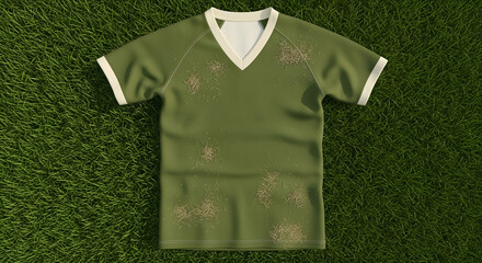 Green soccer t-shirt covered in grass on green grass