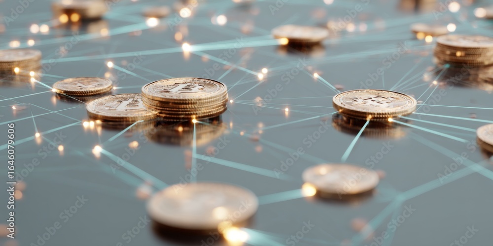Poster detailed close-up of golden coins on a high-tech surface with digital connections and network visual