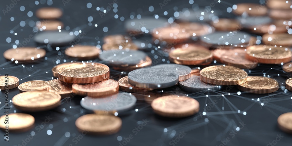 Poster close-up view of various coins on a dark surface with a sparkling background representing wealth, fi