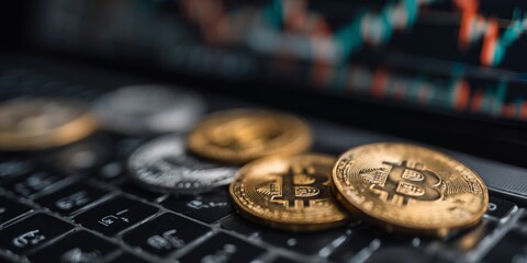 Close-up of gold and silver cryptocurrency coins placed on a laptop keyboard with financial charts in the background showing market trends and digital investment growth.