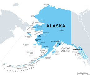 State of Alaska, part of Western United States, political map, with capital Juneau and largest cities and towns. Non-contiguous U.S.state on the northwest extremity of North America. Isolated. Vector