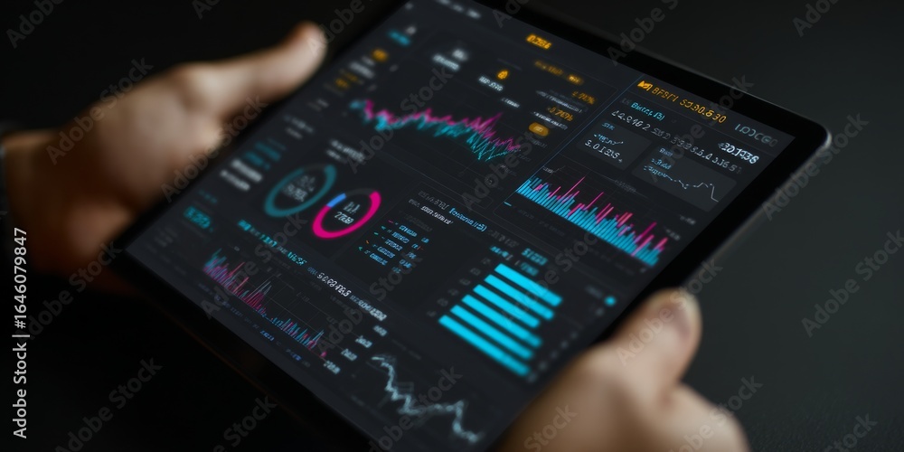 Aufkleber hands holding a tablet displaying vibrant financial analytics with graphs, charts, and data visualiz