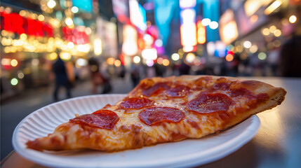 A classic pepperoni pizza slice served on a paper plate in a bustling New York City pizzeria, with neon signs and crowded streets in the background. Generative Ai