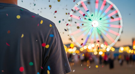 Man enjoying carnival with ferris wheel and confetti