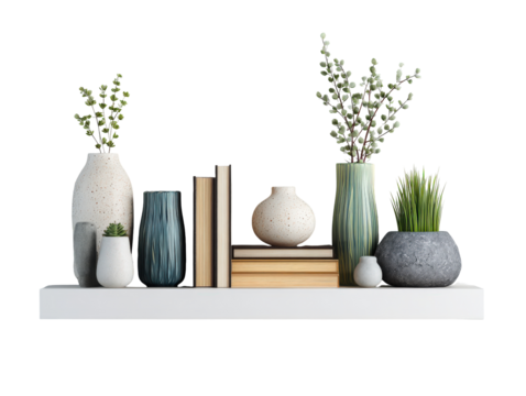 Modern decorative set with ceramic vases books and green plants on a white floating shelf.