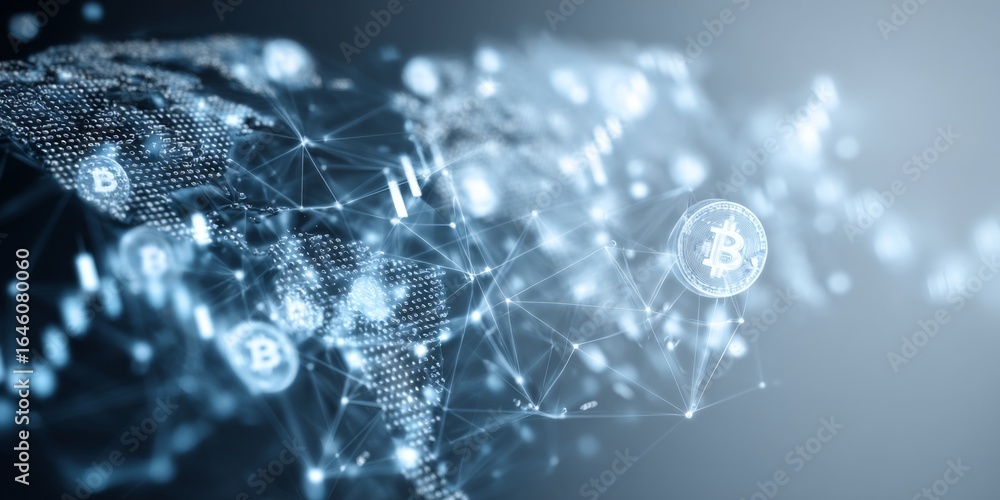 Poster abstract digital design representing global cryptocurrency network and blockchain technology with bi
