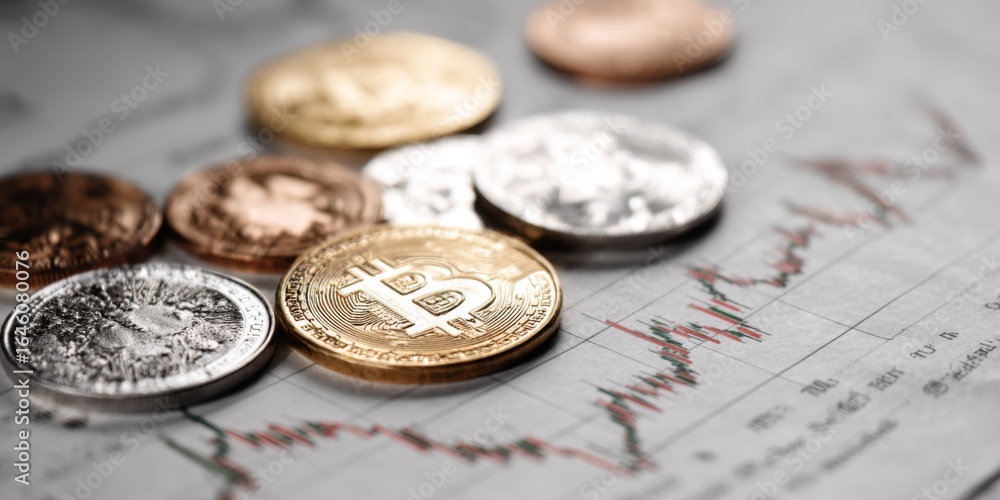 Aufkleber close-up view of various cryptocurrency coins on financial chart background with trends and fluctuat