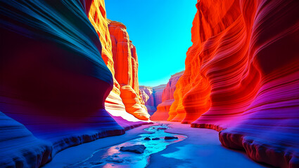 Vibrant psychedelic slot canyon with stream, abstract nature art