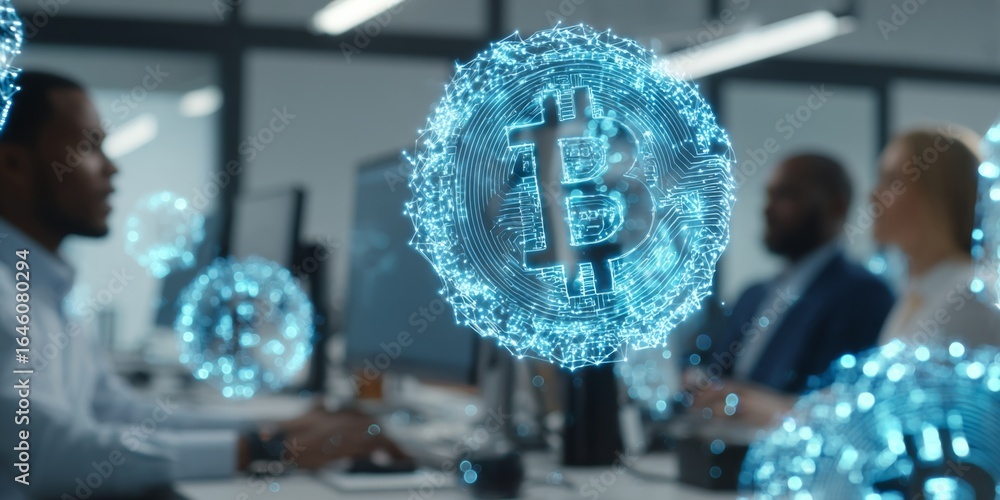Poster professional office setting with digital cryptocurrency symbols representing bitcoin during discussi