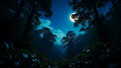 Obraz premium Magical night forest with full moon and stars in sky