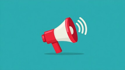 Red megaphone with sound waves on teal background, promoting announcement or advertisement