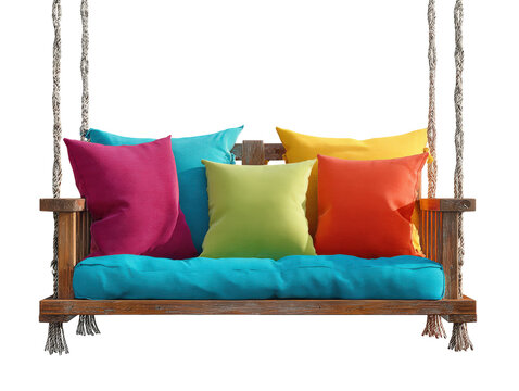 A rustic wooden hanging bench with vibrant multicolored cushions and thick braided ropes.