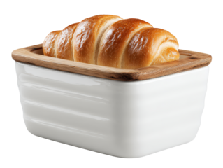 Golden brown bread roll in a white ceramic bread bin with a rustic wooden lid.