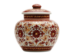 Lidded ceramic jar with intricate red and yellow floral and foliate patterns.