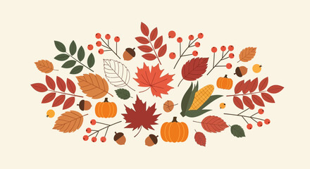 Fototapeta premium Autumnal Harvest Arrangement With Pumpkins Leaves Berries and Acorns For Fall Celebrations