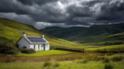 Obraz premium Solar Panels Installed On A Small Rural Cottage In Ireland, Solar Photography, Solar Powered Clean Energy, Sustainable Resources. Generative Ai