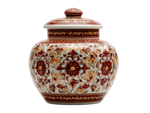 Lidded ceramic jar with intricate red and yellow floral and foliate patterns.