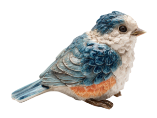 Charming handcrafted bluebird figurine with detailed feather texture. A decorative ceramic songbird sculpture isolated on a clean white background.