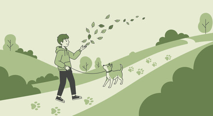Obraz premium A peaceful walk in nature: Illustration of a boy and a dog enjoying the outdoors together