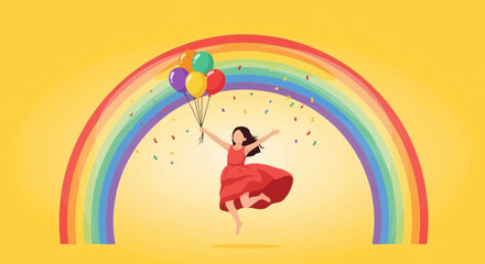 Fototapeta premium Celebrating Pride: A joyful moment with balloons under a colorful rainbow illustration
