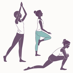 Diverse women embracing a mindful movement and fitness routine, showcasing various yoga practice poses for holistic wellness and balance, ideal for health and exercise themes.