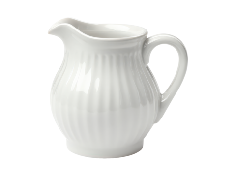 Classic white ceramic pitcher with a glossy glaze and vertical ribbed texture.