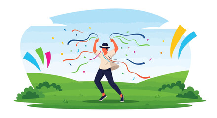 Celebratory scene of a man dancing with colorful streamers in a vibrant landscape