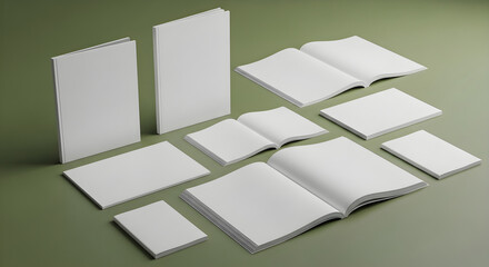 Blank book and magazine mockups on green background