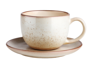 Rustic beige ceramic teacup and saucer with a speckled glaze and brown rim.