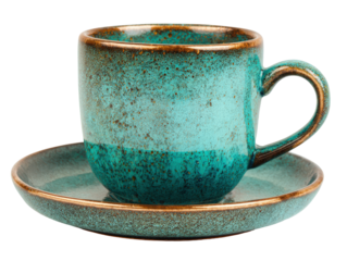 Rustic turquoise ceramic cup and saucer with a speckled reactive glaze and brown rim.