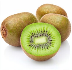 Close-up of Three Kiwis, One Sliced Composition of three whole kiwis and one halved, showcasing vibrant green flesh and brown fuzzy skin. High-resolution image, food photography. Kiwi