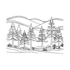 Obraz premium Graphic illustration of a pine forest in front of a mountain range: This image represents the natural beauty of forests and mountains in a simple and artistic way, perfect for modern design.
