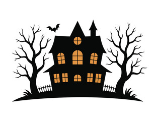 Spooky haunted house silhouette with bats and eerie trees vector clipart, isolated on white background.