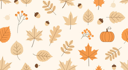 Obraz premium Charming Autumnal Leaves Pattern with Pumpkins and Acorns Fall Background
